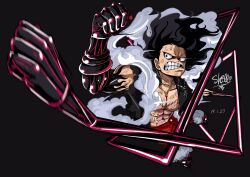  1boy abs black_background black_hair clenched_hands clenched_teeth dated full_body gear_fourth gear_fourth:_snakeman hagoromo hair_up haki_(one_piece) highres male_focus missing_tooth monkey_d._luffy one_piece red_shirt red_shorts scar scar_on_chest shawl sherumaru_(korcht06) shirt shorts signature simple_background solo teeth 
