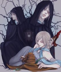  1girl bare_shoulders black_cloak blonde_hair blood blood_on_weapon braid brown_hat cloak dress elden_ring english_commentary feathers fia_the_deathbed_companion grey_background grey_dress grey_hair hat holding holding_knife hood hooded_cloak knife lips lying magic multiple_views official_alternate_costume on_side parted_bangs parted_lips sigil sitting sparkle thorns tryaki-chan weapon wizard_hat 