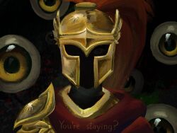  1boy armor cape corinthian_helmet d3rlord3 disembodied_eye english_text facing_viewer helmet highres knight male_focus painterly red_cape searching_for_a_world_that_doesn't_exist shoulder_armor solo source_quote straight-on the_king_in_yellow_(searching_for_a_world_that_doesn't_exist) upper_body utvalentifail 