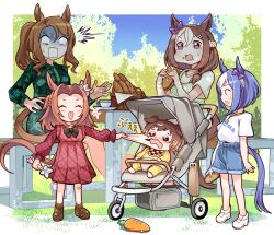  aged_down animal_ears baby blue_hair brown_hair buena_vista_(umamusume) carrot casual cesario_(umamusume) cheek_pinching commentary crying food full_body horse_ears horse_girl horse_tail kawakami_princess_(umamusume) king_halo_(umamusume) korean_commentary pinching sbql_(niaunclefan) shorts special_week_(umamusume) standing surprised tail tears turn_pale umamusume violet_eyes wide-eyed 