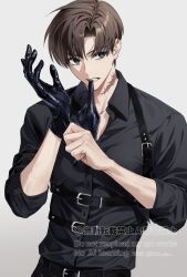  1boy adjusting_clothes adjusting_gloves agent_choi belt black_eyes black_gloves black_shirt blue_pupils brown_hair commentary_request doo_so glove_in_mouth gloves grey_background gwechul harness highres korean_commentary looking_to_the_side male_focus mouth_hold scar scar_on_neck shirt short_hair simple_background solo 