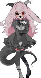  1girl :d @_@ absurdres animal_ears bell black_bow black_bowtie black_eyes black_shoes blush bow bowtie breasts commentary_request femme_soule full_body gloves goat_ears goat_girl goat_horns hair_flaps hair_intakes hand_on_own_chest highres horns long_hair medium_breasts neck_bell open_mouth pink_hair pukey_goddess_shot_trick saliva saliva_trail shirasuame_shiromaru shoes sidelocks smile solo tachi-e tail twitter_username white_gloves 