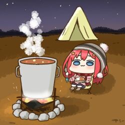  1girl :3 akino_ell beanie blue_eyes blue_gloves blue_pants blush boots brown_boots campfire camping_chair chair chibi closed_mouth cooking cooking_pot curry curry_rice down_jacket folding_chair food fringe_trim fur-trimmed_boots fur_trim gloves go-toubun_no_hanayome grey_hat hair_ornament hat holding holding_plate holding_spoon jacket long_hair long_sleeves nakano_itsuki night on_chair outdoors pants pink_jacket plate red_hair red_scarf rice scarf sitting sky smoke solo spoon star_(sky) star_(symbol) star_hair_ornament starry_sky tent very_long_hair 
