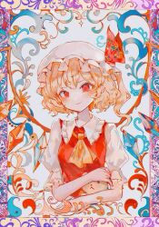  1girl ascot blonde_hair blush collar comkdom commentary_request cropped_torso crystal_wings fang flandre_scarlet hat hat_ribbon highres holding holding_stuffed_toy looking_at_viewer magatama mob_cap puffy_short_sleeves puffy_sleeves red_eyes red_ribbon red_vest ribbon short_hair short_sleeves side_ponytail skin_fang smile solo stuffed_animal stuffed_toy teddy_bear touhou upper_body vest wings yellow_ascot 