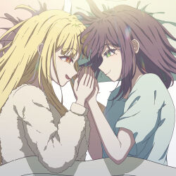  2girls absurdres ahoge black_hair blonde_hair blue_shirt brown_eyes cho_kaguya-hime! closed_mouth commentary green_eyes highres holding_hands kaguya_(cho_kaguya-hime!) long_hair long_sleeves lying medium_hair mole mole_under_eye multiple_girls open_mouth pajamas sakayori_iroha shirt short_sleeves smile thereaakari yuri 