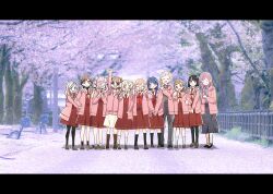  6+girls :d ^_^ ahoge anyoji_hime black_overalls black_pantyhose black_shoes black_skirt blonde_hair bloom_garden_party_jacket blue_eyes blue_hair boots brown_boots brown_dress brown_hair brown_shoes ceras_yanagida_lilienfeld closed_eyes closed_mouth colored_inner_hair commentary_request diagonal_bangs dress everyone flower fujishima_megumi full_body grey_hair grey_sweater group_picture hair_flower hair_ornament hasu_no_sora_school_uniform highres hinoshita_kaho holding_hands kachimachi_kosuzu kanduki_kamibukuro katsuragi_izumi knee_boots long_hair long_skirt long_sleeves looking_at_viewer love_live! love_live!_hasu_no_sora_jogakuin_school_idol_club love_live!_hasu_no_sora_jogakuin_school_idol_club_bloom_garden_party medium_hair momose_ginko multi-tied_hair multicolored_hair multiple_girls murano_sayaka neckerchief open_mouth orange_eyes orange_hair osawa_rurino otomune_kozue outdoors overalls pantyhose pink_eyes pink_flower pink_hair ponytail purple_hair red_hair red_neckerchief sailor_collar sailor_dress school_uniform shoes short_hair skirt smile socks sweater turtleneck turtleneck_sweater twintails two_side_up violet_eyes white_dress white_hair white_sailor_collar white_socks winter_uniform yellow_neckerchief yugiri_tsuzuri 