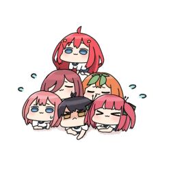  1boy 5girls :3 ahoge akino_ell all_fours black_hair black_ribbon blue_eyes blue_shorts brown_eyes brown_hair chibi closed_mouth commentary_request flying_sweatdrops go-toubun_no_hanayome green_ribbon gym_shirt gym_shorts gym_uniform hair_ornament hair_ribbon long_hair multiple_girls nakano_ichika nakano_itsuki nakano_miku nakano_nino nakano_yotsuba orange_hair pink_hair purple_hair red_hair ribbon shadow shirt short_eyebrows shorts simple_background star_(symbol) star_hair_ornament thick_eyebrows two_side_up uesugi_fuutarou v-shaped_eyebrows very_long_hair white_background white_shirt 