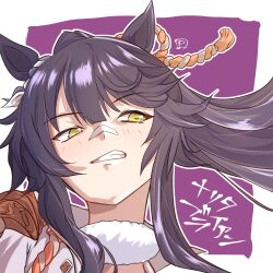  1girl animal_ears bandaid bandaid_on_face bandaid_on_nose black_hair blush commentary_request cropped_shoulders fang fur_choker hair_between_eyes highres horse_ears horse_girl jacket long_hair narita_brian_(maverick)_(umamusume) narita_brian_(umamusume) open_mouth panch4989new ponytail rope shimenawa solo teeth umamusume yellow_eyes 