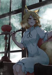  1girl animal_ear_fluff animal_ears artist_logo blonde_hair blush breasts bright_pupils chair clouds commentary_request commission covered_navel day dot_nose eyes_visible_through_hair feet_out_of_frame fox_ears fox_girl fox_tail green_ribbon hands_up highres holding holding_smoking_pipe hookah indoors kudamaki_tsukasa logo looking_to_the_side no_nose open_mouth orange_eyes rain ribbon romper scavia10 short_hair short_sleeves sitting skeb_commission sleeve_ribbon slit_pupils small_breasts smoke smoking smoking_pipe solo swept_bangs tail touhou turning_head white_romper window 