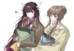  2girls baeksansan bag coat columbina_(genshin_impact) commentary_request genshin_impact head_wings highres holding holding_bag looking_at_viewer multiple_girls paper_bag sandrone_(genshin_impact) white_background white_wings wings yuri 