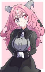  1girl absurdres animal_ears apron backward-facing_horns bell black_apron black_bow black_bowtie black_eyes black_skirt black_sleeves bow bowtie cross cross-shaped_pupils femme_soule fingernail_gloves floppy_ears gloves goat_ears goat_horns grey_shirt hair_intakes heterochromia highres horns inverted_cross juliet_sleeves long_sleeves looking_at_viewer mismatched_pupils multicolored_hair neck_bell notched_ear panatisia pink_eyes pink_hair puffy_sleeves pukey_goddess_shot_trick shirt sidelocks skirt smile solo streaked_hair symbol-shaped_pupils white_gloves white_streaks 