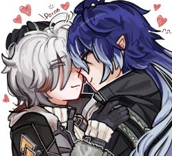 2boys ^_^ black_capelet black_gloves blue_hair blush capelet chest_harness closed_eyes closed_mouth coat collared_capelet english_text face-to-face flins_(genshin_impact) fur-trimmed_sleeves fur_trim genshin_impact gloves gradient_hair grey_hair hair_between_eyes harness heart highres illuga_(genshin_impact) long_hair long_sleeves male_focus multicolored_hair multiple_boys noses_touching open_clothes open_coat red_hair ruffling_hair sleeveless sleeveless_turtleneck streaked_hair sweater turtleneck turtleneck_sweater two-tone_hair upper_body white_background yaoi