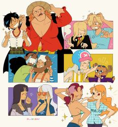  >_< +++ 4boys 6+girls ^_^ banchina bellemere bikini bikini_top_only black_hair black_suit blonde_hair blunt_bangs cesel cigarette closed_eyes coat commentary curly_dadan double_v dr._kureha earrings eyewear_on_head facial_hair fur-trimmed_coat fur_trim goatee green_hair hair_over_one_eye hand_on_own_hip hat headphones high_collar highres holding holding_cigarette hug jewelry long_hair long_nose monkey_d._luffy mother_and_child mother_and_daughter mother_and_son multiple_boys multiple_girls mustache nami_(one_piece) necklace nico_olvia nico_robin notice_lines one_eye_closed one_piece orange-tinted_eyewear orange_hair parent_and_child pearl_necklace ponytail purple_background red_hair sanji_(one_piece) sash shirt smile smoke sparkle straw_hat suit swimsuit tears tinted_eyewear tongue tongue_out tony_tony_chopper twitter_username usopp v vinsmoke_sora white_hair white_shirt wristband yellow_sash 