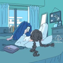 1girl alarm_clock barefoot bed bedroom black_hair blue_skirt book braid braided_twintails cellphone chest_of_drawers clock commentary_request cool_colored curtains highres holding holding_phone indoors knees_up long_hair long_sleeves lying mirror on_back on_bed original phone picture_frame plant potted_plant shirt skirt slice_of_life smartphone solo srimerimer718 twin_braids white_shirt window 