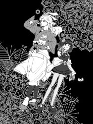  1boy 1girl alternate_costume belt black_background black_dress blunt_bangs bob_cut brother_and_sister clothes_around_waist coat dress fishnet_pantyhose fishnets full_body gloves gwynn_(pokemon) hair_ornament highres ivor_(pokemon) jacket jacket_around_waist long_hair looking_at_viewer maid_headdress mole mole_under_mouth monochrome o-ring o-ring_belt pantyhose partially_fingerless_gloves pokemon pokemon_legends:_z-a short_hair siblings simple_background standing white_coat yametene50 