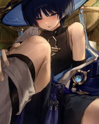  1boy anemo_symbol_(genshin_impact) arm_at_side black_bodysuit black_bow black_shorts blue_hat blue_kimono blunt_ends blush bodysuit bow cape commentary_request covered_collarbone crate feathers fingernails genshin_impact gold gold_ring hand_on_own_leg hat highres japanese_clothes jingasa juban kimono knee_up leg_warmers looking_down male_focus mandarin_collar middle_ring open_clothes open_kimono open_mouth pom_pom_(clothes) purple_cape purple_rope rope scaramouche_(genshin_impact) shorts shoulder_peek side_cape single_off_shoulder sitting solo tassel tilted_headwear tsurime violet_eyes vision_(genshin_impact) wanderer_(genshin_impact) white_kimono white_leg_warmers wispy_bangs yellow_feathers yu_(geda4335) 