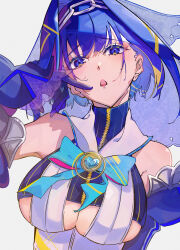 1girl absurdres alternate_breast_size_(larger) bare_shoulders blue_gloves blue_hair bow breasts chain cleavage cleavage_cutout commentary detached_sleeves furrowed_brow gin_s gloves hair_intakes hair_ornament high_collar highres hololive large_breasts looking_at_viewer medium_hair open_mouth ouro_kronii simple_background solo underboob virtual_youtuber white_background zipper