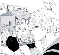  1boy animal artist_name bags_under_eyes box chain close-up drink_carton fingerless_gloves from_side gloves holding jewelry male_focus milk_carton mmatsuruu monochrome nu_carnival paw_print profile quincy_(nu_carnival) short_hair simple_background sketch tears topless_male white_background white_fur 
