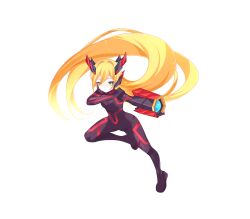  1girl absurdres adapted_costume aizeis alternate_costume arm_cannon armor armored_boots biometal blonde_hair bodysuit boots breasts chrome_raven commission commissioner_upload elf_(mega_man_zx_prequel) full_body gloves green_eyes highres horns long_bangs long_hair mechanical_ears mechanical_horns mega_man_(series) mega_man_zx non-web_source original small_breasts solo thighs weapon 
