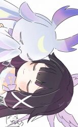  1girl black_hair blush closed_eyes closed_mouth columbina_(genshin_impact) commentary_request genshin_impact hair_ornament highres inaririn long_hair luonnotar_(genshin_impact) sideways signature simple_background smile solo upper_body white_background wing_hair_ornament 