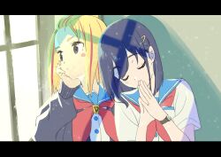  2girls absurdres bangs_pinned_back blonde_hair blue_hair blue_sailor_collar blush_stickers cardigan closed_eyes commentary_request flip_flappers hair_ornament hairclip hand_on_own_face head_rest highres indoors kojima_takashi kokomine_cocona leaning_on_person letterboxed multicolored_hair multiple_girls neckerchief own_hands_together pink_hair red_neckerchief sailor_collar school_uniform serafuku shirt short_hair short_sleeves side-by-side sleeping streaked_hair sunlight upper_body violet_eyes watch watch white_shirt window yayaka yuri 
