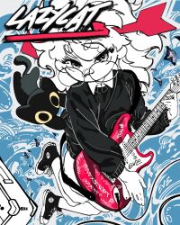  1girl arrow_(symbol) black_cat black_shoes black_sweater cat collared_shirt colored_sclera electric_guitar english_text feno glasses guitar highres instrument limited_palette medium_hair off_script_(character) round_eyewear shirt shoes sneakers solid_circle_pupils sweater white_hair white_shirt yellow_sclera 