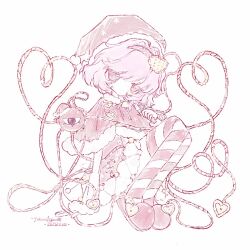  1girl artist_name buttons closed_mouth dated disembodied_linked_eye hair_ornament heart heart_button heart_hair_ornament highres komeiji_satori looking_at_viewer pink_eyes pink_hair red_shoes shoes solo striped_clothes striped_thighhighs thigh-highs tikuchyan touhou white_background 