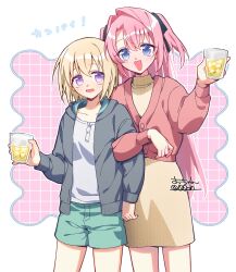  2girls alcohol black_ribbon blue_eyes blush brown_hair cowboy_shot cup hair_ribbon highres holding holding_cup hood hoodie jacket kamiina_botan kamiina_botan_yoeru_sugata_wa_yuri_no_hana locked_arms long_hair long_sleeves looking_at_viewer multiple_girls oh_(00oh_) open_mouth pink_hair ribbon shirt short_hair shorts skirt smile standing sweater_vest tonami_ibuki twitter_username two_side_up violet_eyes yuri 