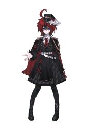  1girl ahoge belt black_boots black_cape black_dress black_hat black_pantyhose black_streaks boots cape chinese_commentary collared_dress collared_shirt commentary_request dress epaulettes full_body genderswap genderswap_(mtf) hat highres lolita_fashion long_sleeves looking_at_viewer mahou_shoujo_no_majo_saiban military_lolita mini_hat multicolored_hair neckerchief pantyhose parody peaked_cap red_hair red_neckerchief shirt short_hair simple_background solo standing streaked_hair sumino_takumi textless_version the_hundred_line_-last_defense_academy- two-sided_cape two-sided_fabric violet_eyes white_background white_belt white_shirt xiaozhao_aki 
