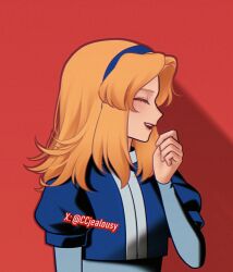  1girl blonde_hair blue_hairband chinese_commentary closed_eyes commentary_request czy_(2894456992) hairband layered_sleeves long_sleeves looking_to_the_side maria_robotnik medium_hair open_mouth puffy_short_sleeves puffy_sleeves red_background short_over_long_sleeves short_sleeves smile solo sonic_(series) twitter_username upper_body watermark 