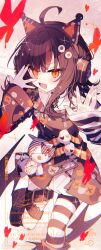  1girl :d ahoge animal_ear_headphones animal_ears belt black_hair black_sweater cat_ear_headphones cat_ears commentary_request eyeball_hair_ornament fake_animal_ears hand_over_eye hands_up headphones highres kasuga_haruhi long_hair long_sleeves looking_at_viewer mahou_shoujo_no_majo_saiban multicolored_hair open_mouth orange_belt orange_eyes orange_nails orange_streaks pantyhose sawatari_coco sharp_teeth skull smile solo sparkle standing standing_on_one_leg streaked_hair striped_clothes striped_pantyhose stuffed_animal stuffed_cat stuffed_toy sweater teeth thigh_belt thigh_strap v-shaped_eyebrows 