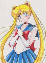  1girl absurdres back_bow bishoujo_senshi_sailor_moon blonde_hair blue_eyes blue_sailor_collar blue_skirt blush bow breasts chikoto_(kztc4472) choker circlet closed_mouth collarbone commentary cowboy_shot crescent crescent_choker crescent_earrings curtained_hair double_bun earrings elbow_gloves gem gloves gold_circlet hair_bun hair_ornament hands_up highres jewelry leotard lips lone_nape_hair long_hair looking_at_viewer magical_girl medium_breasts miniskirt own_hands_together paper_texture parted_bangs photo_(medium) pleated_skirt red_bow red_choker red_gem red_trim sailor_collar sailor_moon sailor_senshi_uniform short_sleeves simple_background skirt smile solo standing traditional_media transformation_brooch_(sailor_moon) tsukino_usagi twintails very_long_hair white_background white_gloves white_leotard 