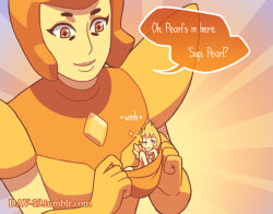  2girls adventure_time commentary dav-19 english_commentary gem_(steven_universe) helmet lips mini_person minigirl multiple_girls one_eye_closed parody pocket scene_reference smile steven_universe yellow_diamond_(steven_universe) yellow_pearl_(steven_universe) 