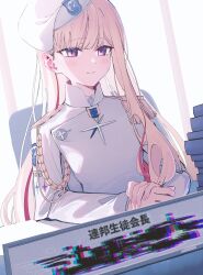  1girl absurdres aiguillette beret blonde_hair blonde_student_council_president_(blue_archive) blue_archive chair closed_mouth eironeus epaulettes hat highres multicolored_hair nameplate red_hair shirt sitting solo streaked_hair table two-tone_hair violet_eyes white_shirt window 