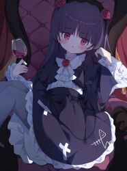  1girl :o accurate_lolita_coord alcohol ascot black_dress black_hair black_hairband commentary cross cup dress drinking_glass feet_out_of_frame flower flower_hairband frilled_dress frills gokou_ruri gothic_lolita hairband hand_in_own_hair highres holding holding_cup juliet_sleeves light_blush lolita_fashion long_hair long_sleeves looking_at_viewer mole mole_under_eye ore_no_imouto_ga_konna_ni_kawaii_wake_ga_nai puffy_sleeves rose signature sitting solo surprised throne tttlr violet_eyes white_ascot wine wine_glass 