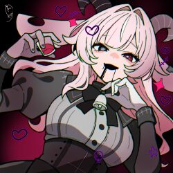  1girl @_@ absurdres animal_ears bell black_bow black_bowtie black_eyes bow bowtie breasts commentary_request cup drink dutch_angle femme_soule gloves goat_ears goat_girl goat_horns grey_shirt hair_intakes heart heterochromia highres holding holding_cup horns key774 looking_at_viewer medium_breasts multicolored_hair neck_bell open_mouth pink_hair pukey_goddess_shot_trick red_eyes saliva saliva_trail shirt sidelocks smile solo sparkle streaked_hair upper_body white_gloves white_streaks 