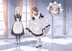  2girls absurdres alternate_costume alternate_hairstyle apron azur_lane blonde_hair blush bowing brown_hair closed_mouth commentary commission crossover curtsey english_commentary enmaided formidable_(azur_lane) full_body genshin_impact hair_over_one_eye highres holding_own_dress hu_tao_(genshin_impact) indoors looking_at_viewer maid maid_apron maid_headdress multiple_girls one_eye_closed pantyhose red_ribbon reflective_floor ribbon sheffield_(azur_lane) smile spoken_character twintails variant_set vgen_commission watermark white_pantyhose window yura_s_arts 