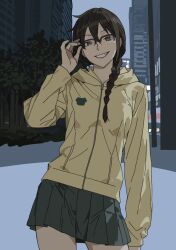  1girl adjusting_eyewear braid brown_eyes brown_hair city clenched_teeth commentary contrapposto cowboy_shot durarara!! glass green_skirt h4sh1rnoto hair_between_eyes highres hood hoodie long_hair long_sleeves looking_at_viewer miniskirt orihara_mairu over-rim_eyewear parted_bangs pleated_skirt semi-rimless_eyewear sketch_background skirt smile solo standing teeth yellow_hoodie 
