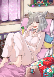  1boy 1girl absurdres animal_ears barefoot bell box breasts cat_ears cat_girl christmas commentary_request curtains eyelashes gift gift_box happy highres holding holding_box indoors jingle_bell large_breasts looking_at_viewer merry_christmas mythra_(xenoblade) nia_(xenoblade) on_bed one_eye_closed open_mouth pajamas pyra_(xenoblade) rex_(xenoblade) shirt sitting smile sofusan1526 teeth upper_teeth_only white_shirt xenoblade_chronicles_(series) xenoblade_chronicles_2 