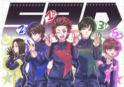  2girls 3boys :d ;d akaza_banban animification badge black_gloves black_hair black_jacket black_pants black_skirt blue_eyes blue_jacket brown_hair closed_mouth collared_jacket commentary cowboy_shot dondon_maru dot_mouth double_finger_gun drop_shadow enari_senichi finger_counting finger_gun gloves green_eyes green_jacket grid_background hair_between_eyes hair_tie half-closed_eyes hand_on_own_arm hands_up high_ponytail highres jacket kodou_koume lapels leaning_forward light_blush long_hair long_sleeves looking_at_viewer multicolored_jacket multiple_boys multiple_girls one_eye_closed open_mouth pants pink_eyes pink_jacket police police_uniform policeman policewoman ponytail red_eyes red_jacket reimon_marika s.p.d._uniform serious shirt short_hair side-by-side skirt smile speech_bubble spiky_hair spoken_number standing star_(symbol) super_sentai swept_bangs teeth tokusatsu tokusou_sentai_dekaranger tomasu_houji turtleneck turtleneck_shirt two-tone_jacket upper_teeth_only v-shaped_eyebrows white_background white_shirt yellow_eyes yellow_jacket 