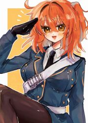  ahoge belt black_necktie blue_coat breasts brown_pantyhose coat fate/grand_order fate_(series) fujimaru_ritsuka_(female) fujimaru_ritsuka_(female)_(clan_calatin) highres kijibato0519 looking_at_viewer medium_breasts necktie notice_lines orange_eyes orange_hair pantyhose salute sash white_belt 