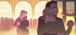  4boys arched_window bald beard beard_stubble before_and_after black_jacket closed_eyes crispyartdev dancing dual_persona facial_hair fanfiction_available fence fiddleford_mcgucket ford_pines gravity_falls grey_hair hand_on_another's_back head_tilt heads_together highres holding_hands indoors jacket multiple_boys necktie people red_necktie red_shirt round_eyewear shirt smile stubble turtleneck upper_body waltz_(dance) white_hair white_shirt window 