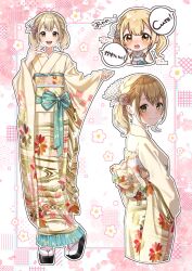  1girl :d absurdres azusawa_kohane black_sandals blonde_hair blush chibi chibi_inset closed_mouth commentary_request cowboy_shot cropped_legs floral_print floral_print_kimono from_behind full_body highres japanese_clothes kimono looking_at_viewer looking_back medium_hair multiple_views n_6m obi okobo open_mouth outline platform_sandals print_kimono project_sekai sandals sash short_twintails smile speech_bubble straight-on tabi translation_request twintails white_kimono white_outline yellow_eyes 