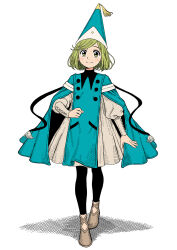  1girl absurdres black_leggings blush cloak coco_(tongari_boushi_no_atelier) green_eyes green_hair hat hat_tassel highres leggings qifrey's_atelier_apprentice_uniform short_hair smile solo tongari_boushi_no_atelier wizard_hat yuuki_(reiwa) 
