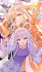  2girls ahoge animal_ears bell_sleeves blonde_hair blue_eyes blush bracelet cho_kaguya-hime! clothing_cutout crescent crescent_hair_ornament double_v dress fingernails floral_print floral_print_dress frilled_dress frills glowstick green_eyes grin hair_ornament hair_rings highres jewelry kaguya_(cho_kaguya-hime!) long_dress long_hair long_sleeves looking_at_viewer multicolored_eyes multicolored_hair multiple_girls nail_polish necklace necktie omichi_1219 open_mouth orange_dress orange_eyes penlight_(glowstick) pink_hair print_dress puffy_long_sleeves puffy_sleeves purple_dress purple_necktie rabbit_ears rabbit_pose ring runami_yachiyo shoulder_cutout smile stage stage_lights straight_hair teeth twintails two-tone_eyes v violet_eyes white_hair 