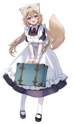  1girl :d animal_ear_fluff animal_ears apron black_dress black_shoes blush brown_hair commentary_request dress fang full_body hair_between_eyes hamico highres holding holding_suitcase long_hair looking_at_viewer low_twintails maid maid_headdress mary_janes neck_ribbon open_mouth original pantyhose red_ribbon ribbon shoes short_sleeves simple_background smile solo standing suitcase tail twintails violet_eyes white_apron white_background white_pantyhose wolf_ears wolf_girl wolf_tail 