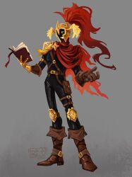  1boy armor ash_treee_e book boots breastplate brown_gloves cape chest_belt corinthian_helmet d3rlord3 gloves grin hand_up helmet highres holding holding_book holster knee_pads knight looking_at_viewer male_focus open_book red_cape searching_for_a_world_that_doesn't_exist shoulder_armor smile solo standing thigh_holster torn_cape torn_clothes winged_helmet 