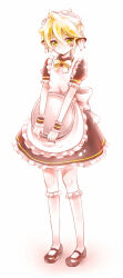  1boy apron barcode black_dress black_shoes blush bow crossdressing crossdressing_(mtf) dress full_body holding holding_tray kagamine_len maid maid_apron maid_headdress male_focus male_maid paradichlorobenzene_(vocaloid) rara_(20rupi3) shoes short_sleeves socks solo tray vocaloid white_apron white_headdress white_socks yellow_bow 