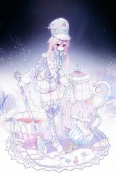  1boy absurdres alternate_costume animal_ears ansel_(arknights) arknights baoshi_xiao_niao black_background boots cape coat commentary cup frown gloves gradient_background hair_between_eyes hat highres holding holding_spoon holding_unworn_cape holding_unworn_clothes knee_boots looking_at_viewer lop_rabbit_ears male_focus oversized_object oversized_spoon pink_hair rabbit_ears red_eyes saucer solo spoon string_of_pearls teacup teapot textless_version tray untranslatable_commentary unworn_cape white_background white_boots white_coat white_gloves white_hat 