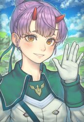  1girl blue_sky brown_eyes brown_pupils commentary fiona_(xenoblade) gloves gofelem hair_bun horns jacket outdoors purple_hair single_hair_bun sky smile solo upper_body waving white_gloves xenoblade_chronicles_(series) xenoblade_chronicles_3 